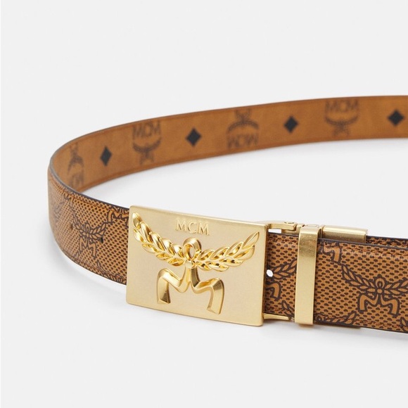 New Authentic MCM Garland Plaque Buckle Print Belt in 24K Gold Plating - Picture 7 of 16